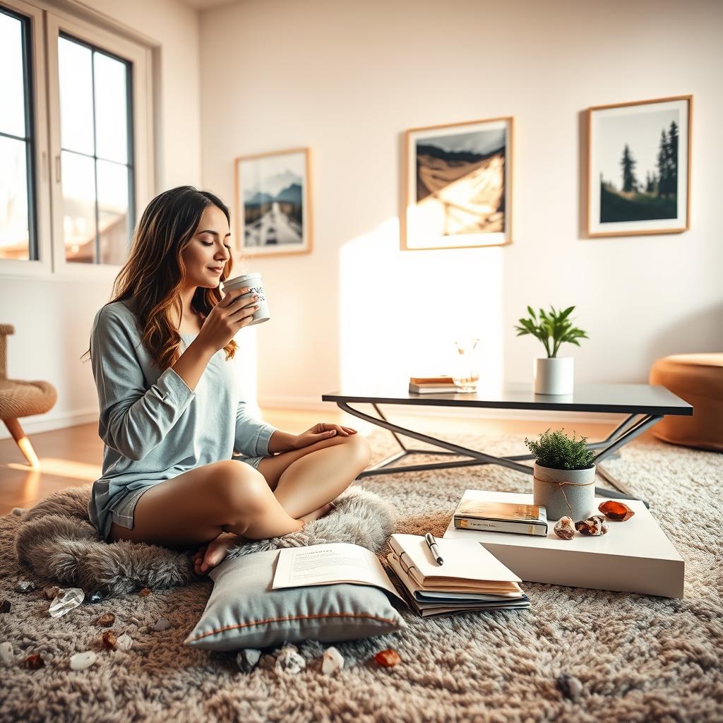 A cozy morning scene filled with wellness essentials. In the foreground, a woman sits cross-legged on a plush rug, sipping a steaming cup of Everyday Dose coffee. She is surrounded by a scattering of crystals, a meditation cushion, and a journal with a pen resting atop it. Warm, soft lighting filters in through large windows, casting a golden glow on the serene setting. In the middle ground, a sleek, minimalist coffee table holds a potted plant and a few additional wellness items. The background features clean, white walls adorned with framed nature photographs, creating a sense of tranquility and balance. The overall mood is one of intentional self-care and mindful start to the day.