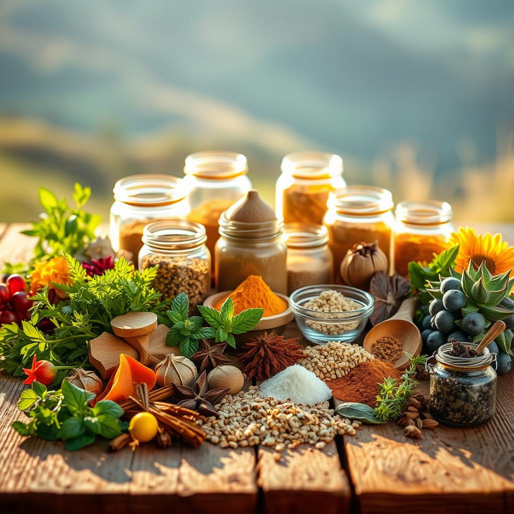 A neatly arranged display of natural wellness ingredients on a rustic wooden table, bathed in warm, golden light. In the foreground, a selection of vibrant herbs, spices, and botanicals, each meticulously positioned to showcase their inherent beauty. The middle ground features glass jars filled with rich, earthy tones of powders and extracts, while the background subtly blurs into a soft, natural landscape, hinting at the origins of these pure, unadulterated elements. The overall composition emanates a sense of harmony, balance, and a reverence for the natural world's gifts, perfectly capturing the essence of "Natural Ingredients for Optimal Wellness."