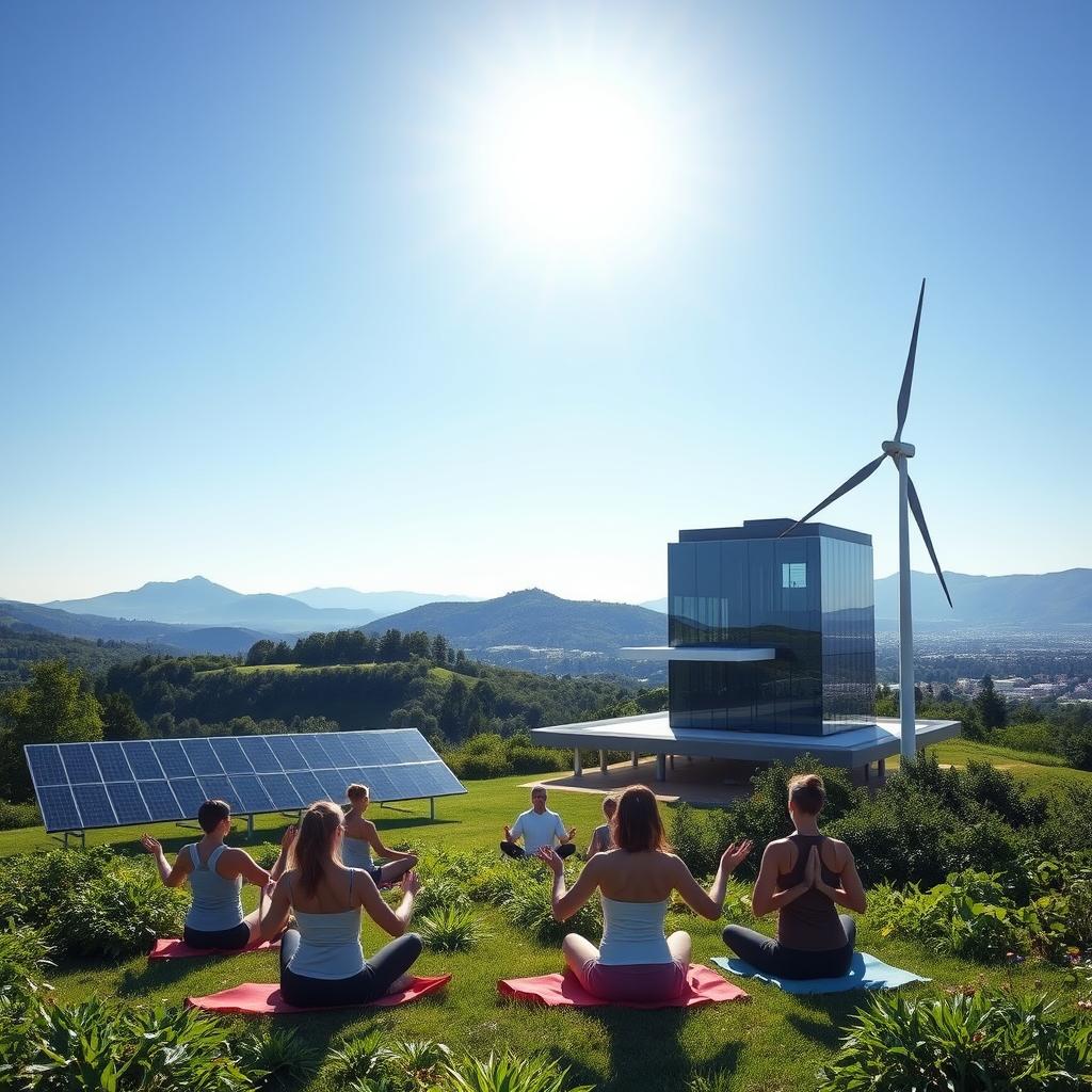 A serene, sun-dappled landscape under a clear, azure sky. In the foreground, a group of people engage in mindful activities - yoga, meditation, or deep breathing - surrounded by lush greenery and a clean energy installation, such as solar panels or a wind turbine. In the middle ground, a modern, energy-efficient building stands, its sleek lines and glass facade reflecting the natural elements. The background features rolling hills or a distant cityscape, symbolizing the integration of clean energy and cognitive performance in both natural and urban environments. The lighting is soft and diffused, creating a calming, rejuvenating atmosphere. The overall composition conveys a sense of balance, harmony, and the synergistic relationship between sustainable energy and enhanced mental focus.