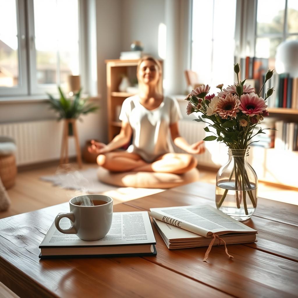 A sunlit, minimalist home setting with a focus on wellness-inspired daily rituals. In the foreground, a wooden table holds a steaming mug of herbal tea, a journal, and a vase of fresh flowers. The middle ground features a woman sitting cross-legged on a plush cushion, eyes closed in peaceful meditation. Soft natural light filters in through large windows, casting a warm glow. In the background, a simple bookshelf displays an array of wellness-themed books and trinkets. The overall atmosphere is one of calm, balance, and intentional living.