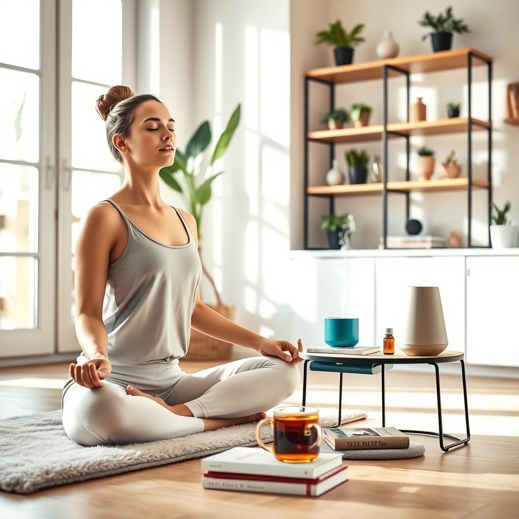 Woman practicing yoga for her everyday dose of wellness in a peaceful, bright living room