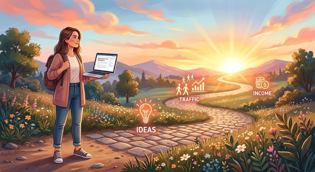 A woman with a laptop stands on a winding path leading past "Ideas," "Traffic," and "Income" icons toward a sunrise.